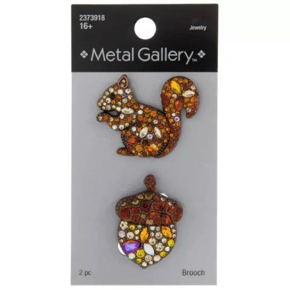 New! Metal Gallery Squirrel & Acorn Rhinestone Brooches NWT